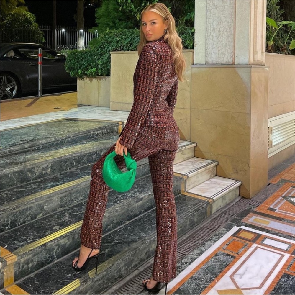 Zara Brown Pantsuit with Green Bag